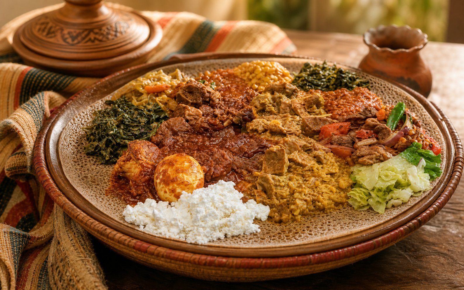 Taste of Ethiopia Family Feast — sharing platter with beef, chicken, lentils, pasta and greens