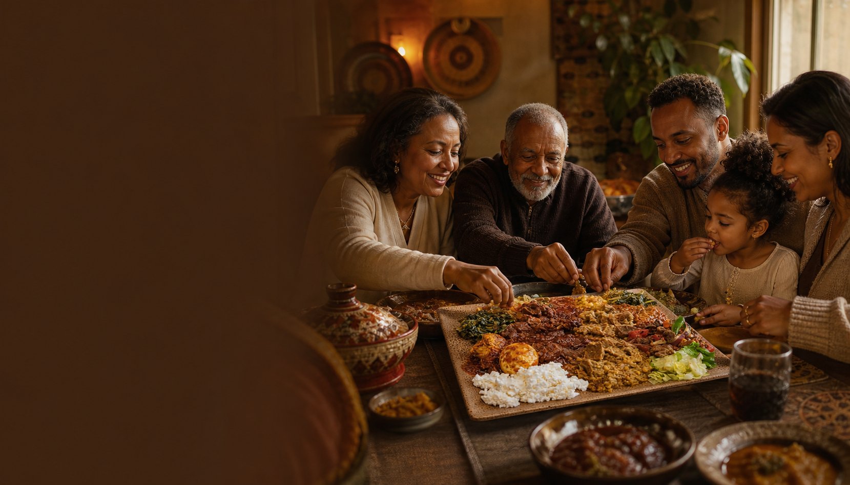 Family sharing an Ethiopian feast together