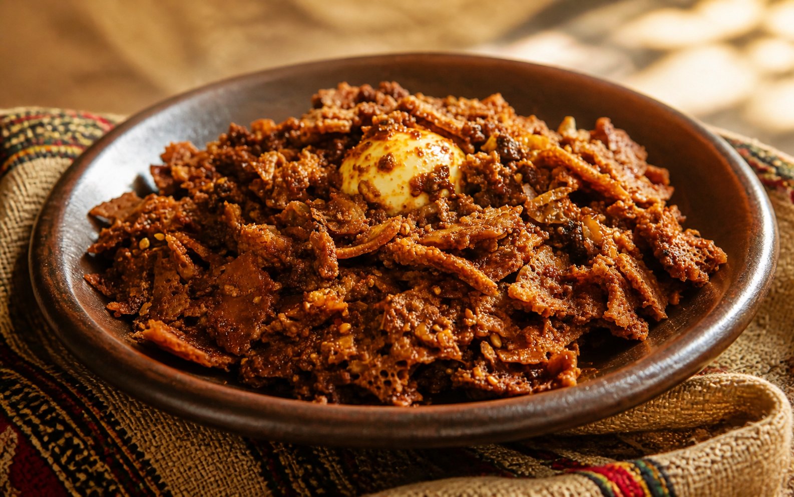Special Firfir — shredded injera in berbere sauce with beef and egg